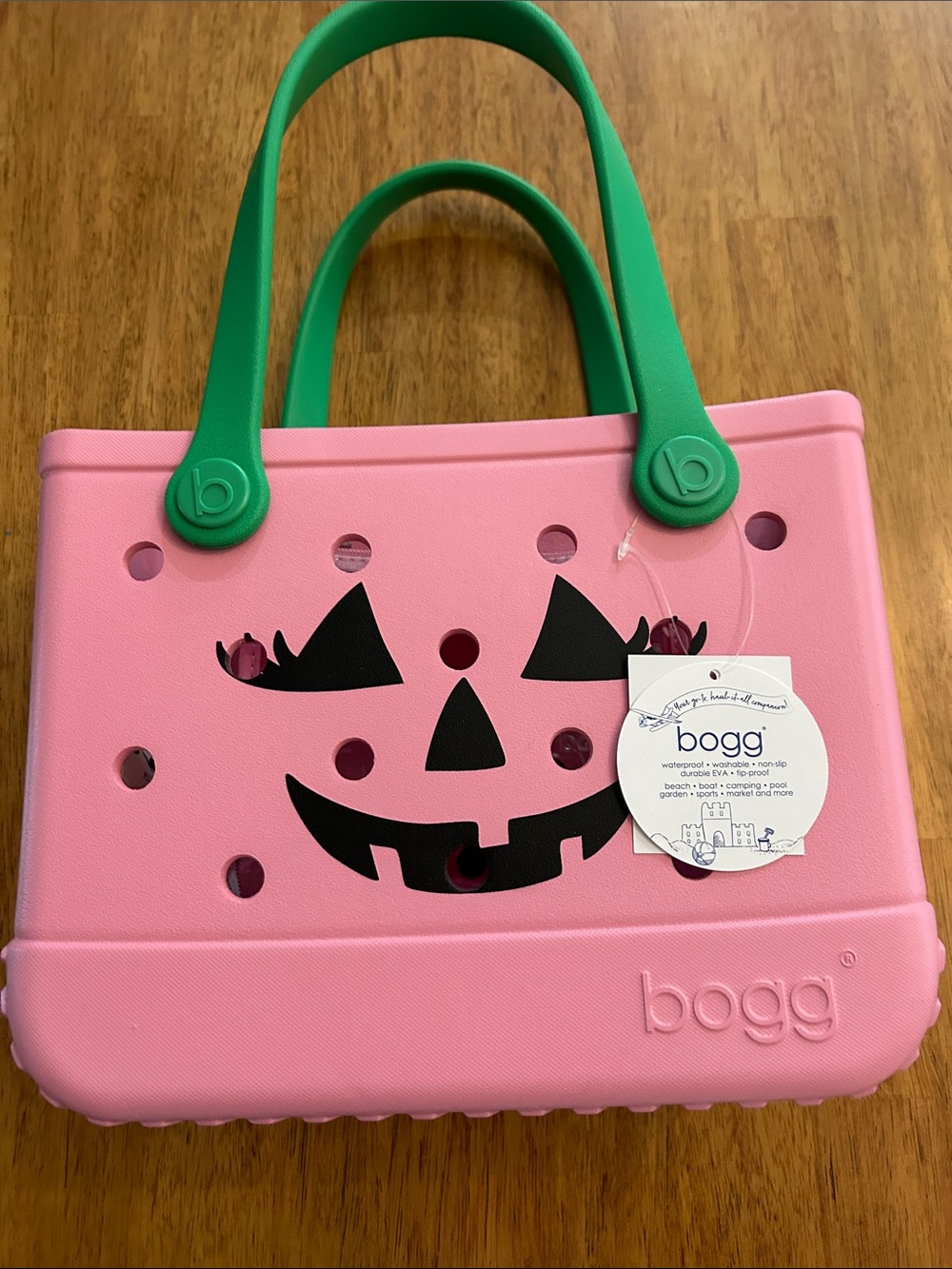 BOGG BAG Pink Tote with Green Handles and Jack-O'-Lantern Face
